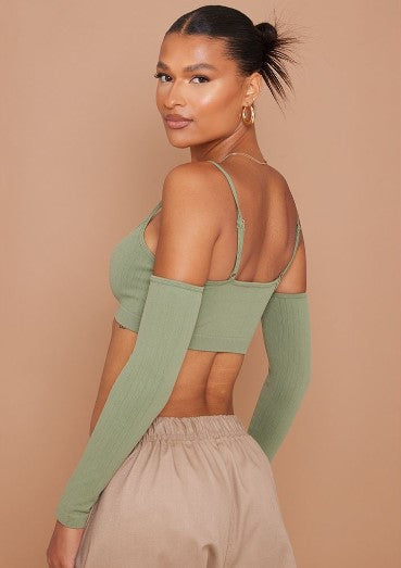 Khaki Wide Contour Rib Cold Shoulder Crop Top