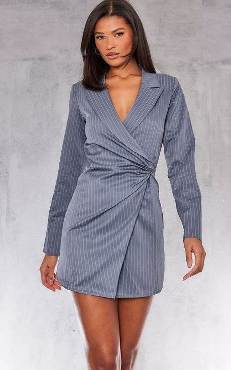 Charcoal Grey Woven Pinstripe Ruched Detail Blazer Dress