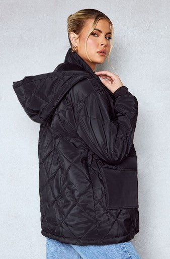 TALL BLACK QUILTED PUFFER DETAIL HOODED JACKET