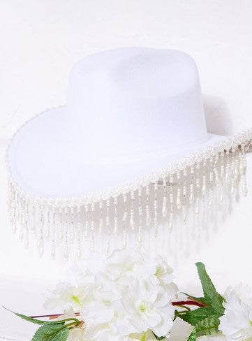 White Pearl Tassel Detail Bridal Cowboy Hat