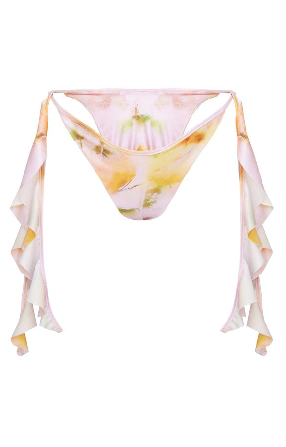 Pink Blurred Floral Print Ruffle Tie Side Bikini Bottoms