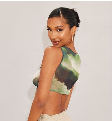 Green printed v neck crop top