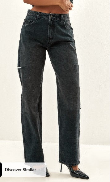 WASHED BLACK THIGH SPLIT BOYFRIEND JEANS