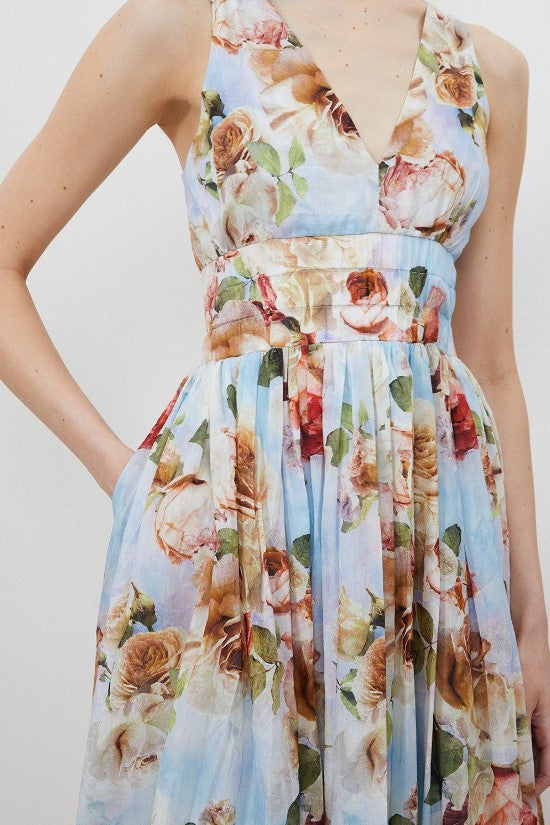 Silk Cotton Rose Print Plunge Woven Maxi Dress