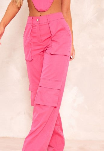 Hot Pink Woven Pocket Detail High Waist Cargo Trousers