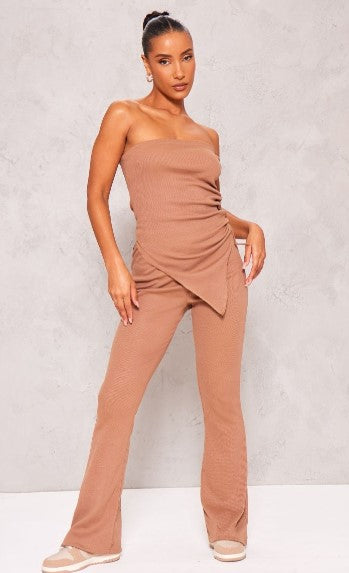 Taupe Bandeau Asymmetric Ribbed Flared Jumpsuit