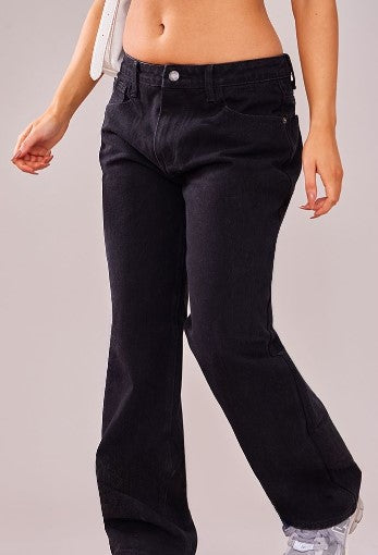 Petite Washed Black Rigid Low Rise Wide Leg Jeans