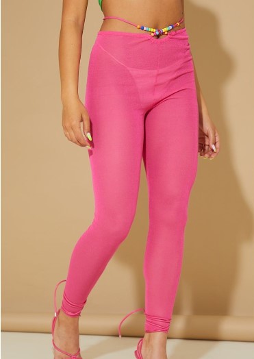 Hot Pink Sheer Knit Beaded Tie Waist Legging