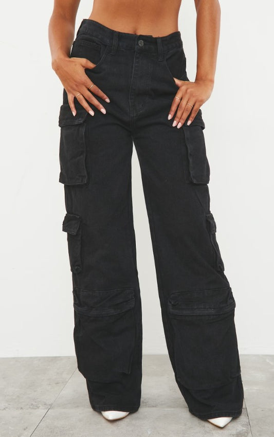 Washed Black Cargo Pocket Detail Wide Leg Jeans