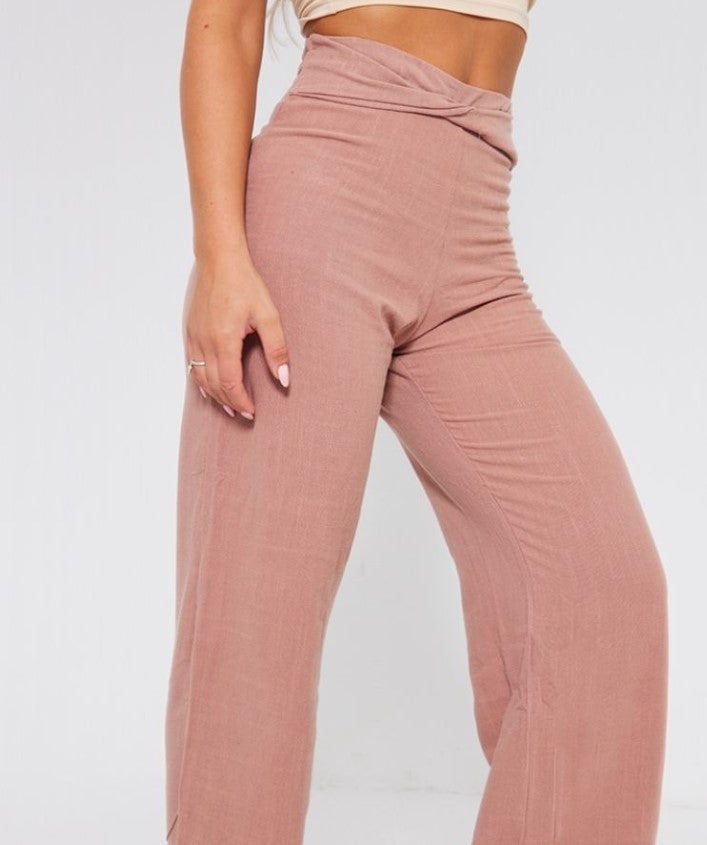 Mocha Linen Feel Twist Waistband Straight Leg Trousers