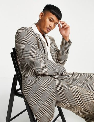 Slim longline suit jacket with bias check