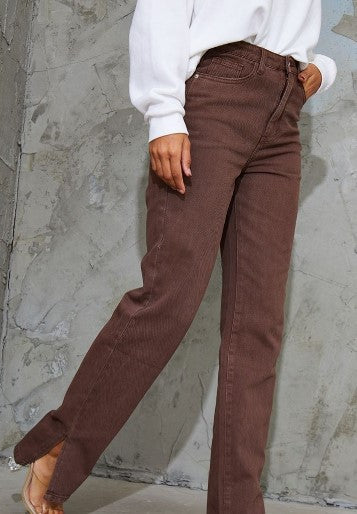 Brown Split Hem Straight Leg Jeans