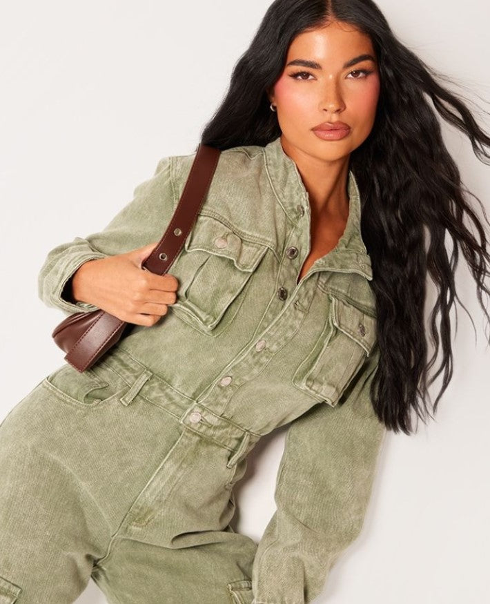 Petite Washed Green Denim Cargo Wide Leg Jumpsuit