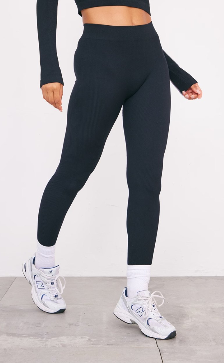 Black Structured Contour Ribbed Leggings