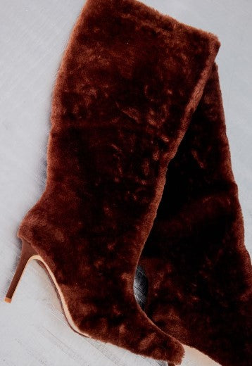 Faux Shearling Point Toe Knee High Heeled Boots