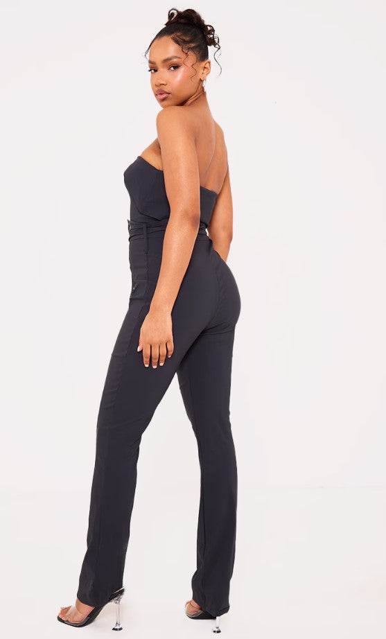 Charcoal Stretch Woven Fold Over Bandeau Belted Jumpsuit