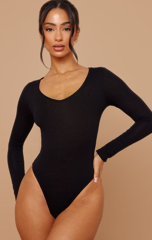 Petite Domineca Black Basic V Neck Bodysuit