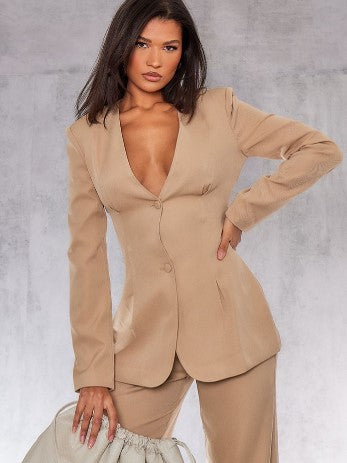 Camel Woven Open Back Button Detail Cinched Blazer