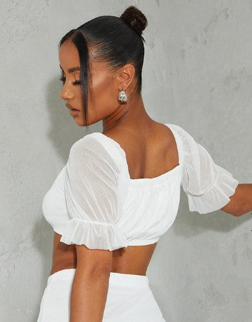 White Mesh Tie Front Detail Puff Sleeve Bralet