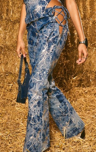 Blue Metallic Print Lace Up Side Flared Jeans