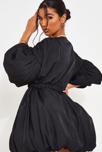 Black Puff A-Line Mini Smock Dress