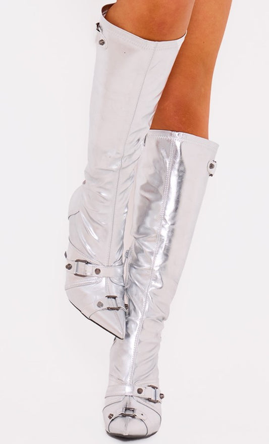 Silver Pu Metallic Buckle Detail High Heeled Knee Boots