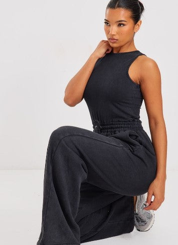 Washed Black Scoop Neck Sweat Wide Leg Jumpsuit