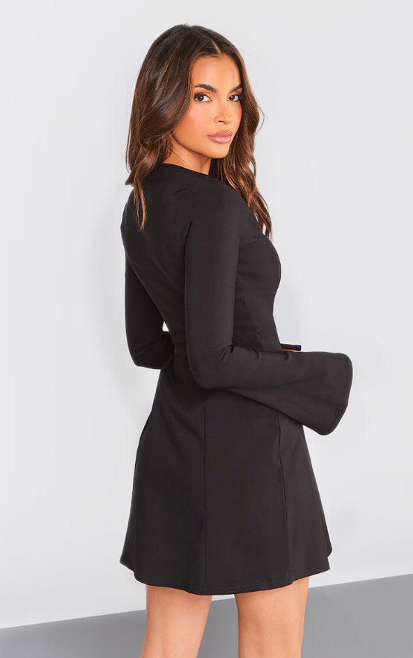 Black Stretch Woven Square Neck Pleated Shift Dress