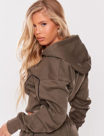 Khaki Cropped Contrast Stitch Zip Through Hoodie