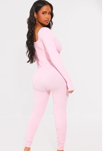 Shape Candy Pink Contour Rib Square Neck Thumb Hole Jumpsuit