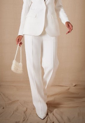 Premium White Woven Pintuck Straight Leg Trousers