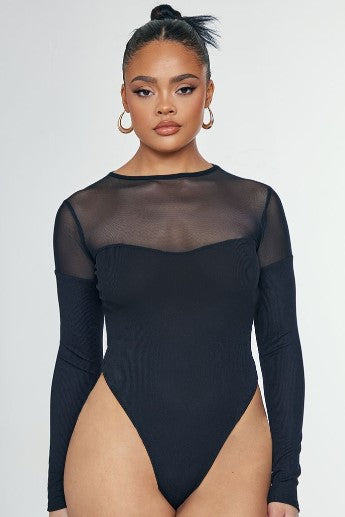 Black Rib Mesh Conrast Long Sleeve Bodysuit