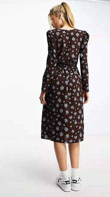 Long sleeve midi with button front detailing in brown floral