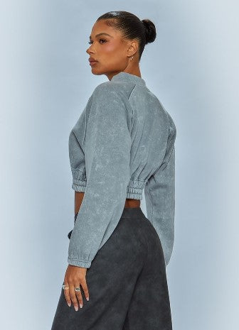 Light Grey Washed Elasticated Hem Zip Crop Sweatshirt