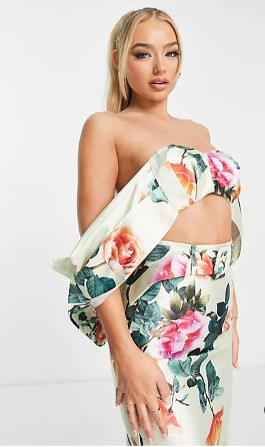 Co-ord Satin Bardot Crop Top With Bow