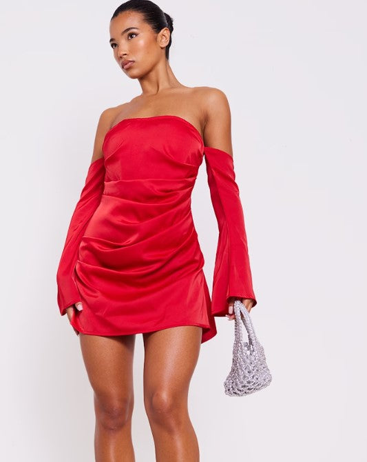 Red Satin Corset Bardot Ruched Long Sleeve Shift Dress