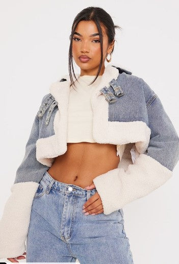 VINTAGE WASH CROPPED DENIM BORG CONTRAST AVIATOR JACKET