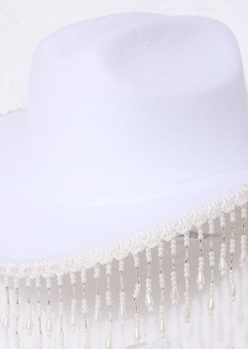 White Pearl Tassel Detail Bridal Cowboy Hat