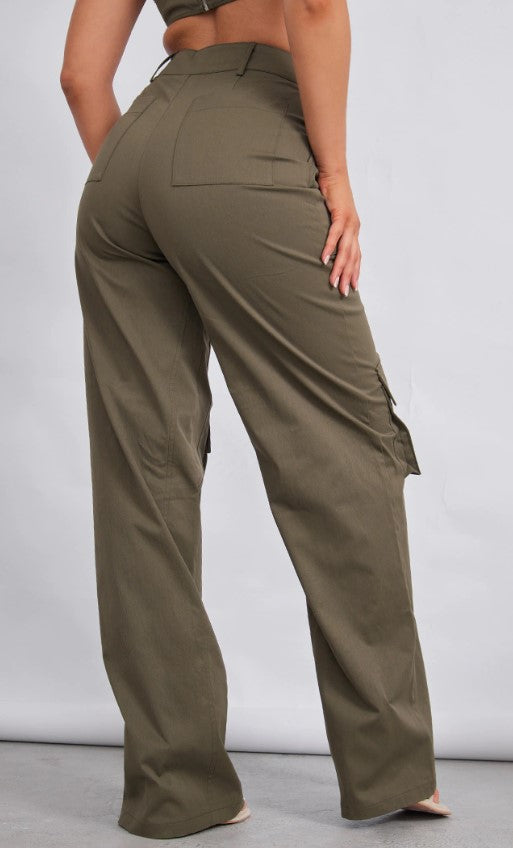 Khaki Twill Pocket Detail High Waist Cargo Trousers