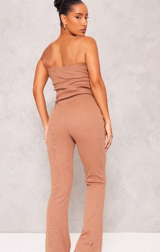 Taupe Bandeau Asymmetric Ribbed Flared Jumpsuit