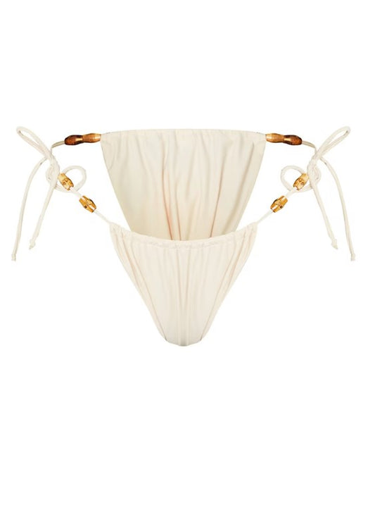 Sand Wooden Bead Ruched Tanga Tie Side Bikini Bottoms