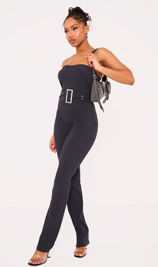 Charcoal Stretch Woven Fold Over Bandeau Belted Jumpsuit