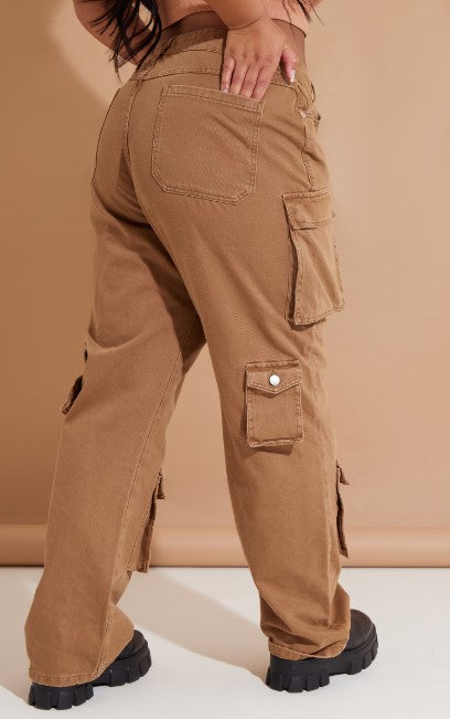 Plus Mocha Wide Leg Denim Cargo Jeans