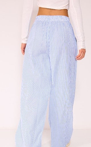 Blue Pinstripe Linen Look Elasticated Waist Trousers