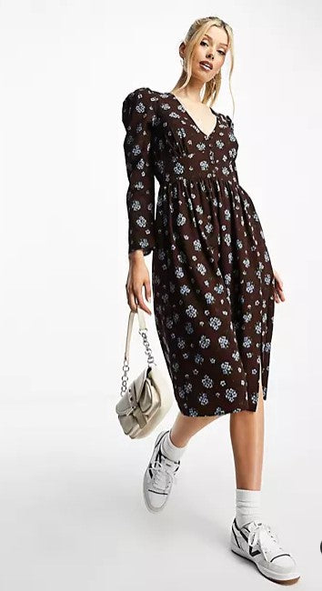 Long sleeve midi with button front detailing in brown floral