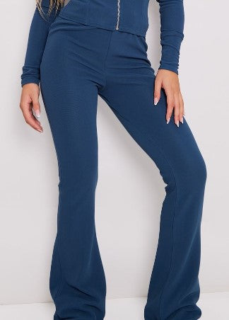 Petrol Rib Low Rise Flared Trousers