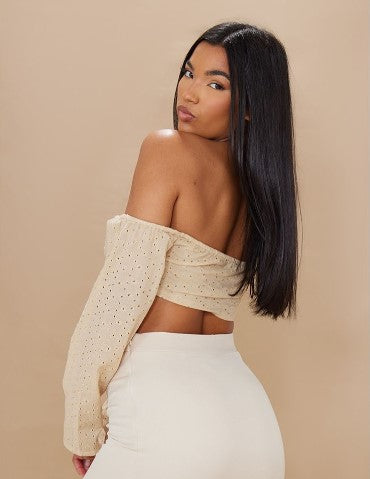 STONE BRODERIE TWIST FRONT LONG SLEEVE CROP TOP