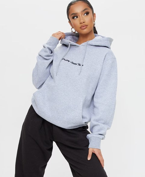 Petite Grey Marl Oversized Embroidered Hoodie