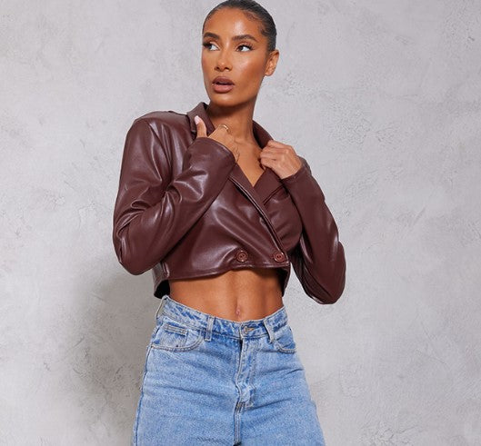 Chocolate Basic Double Breasted Faux Leather Cropped Blazer