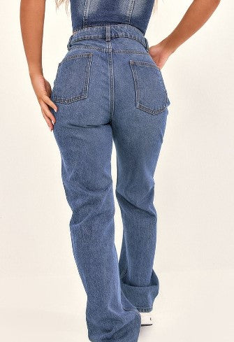 BLUE WASH HIGH RISE STRAIGHT LEG JEANS